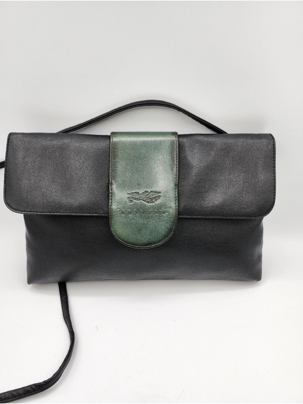 American Perry Ellis Black Leather Crossbody Bag with Green Tab Accent